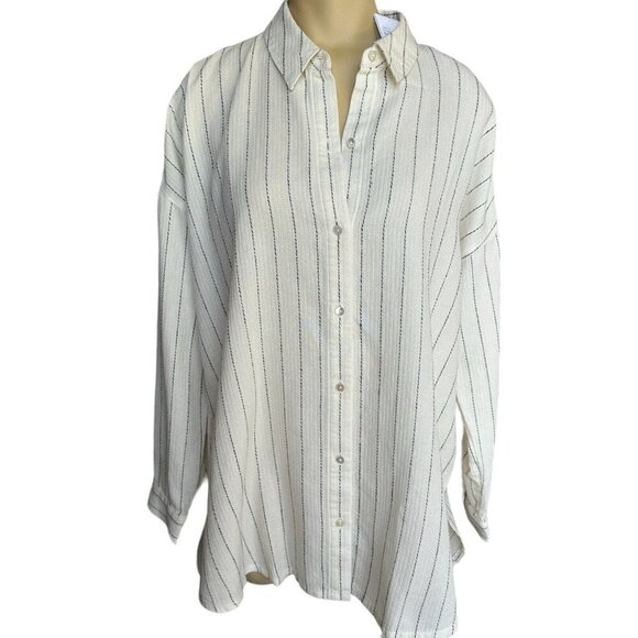 NWT‎ Eileen Fisher Classic Shirt XS Gauzy Organic Cotton Blend Stripes Coastal - Picture 3 of 12